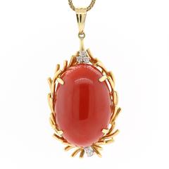  Cabochon Large Red Coral Gold Pendant