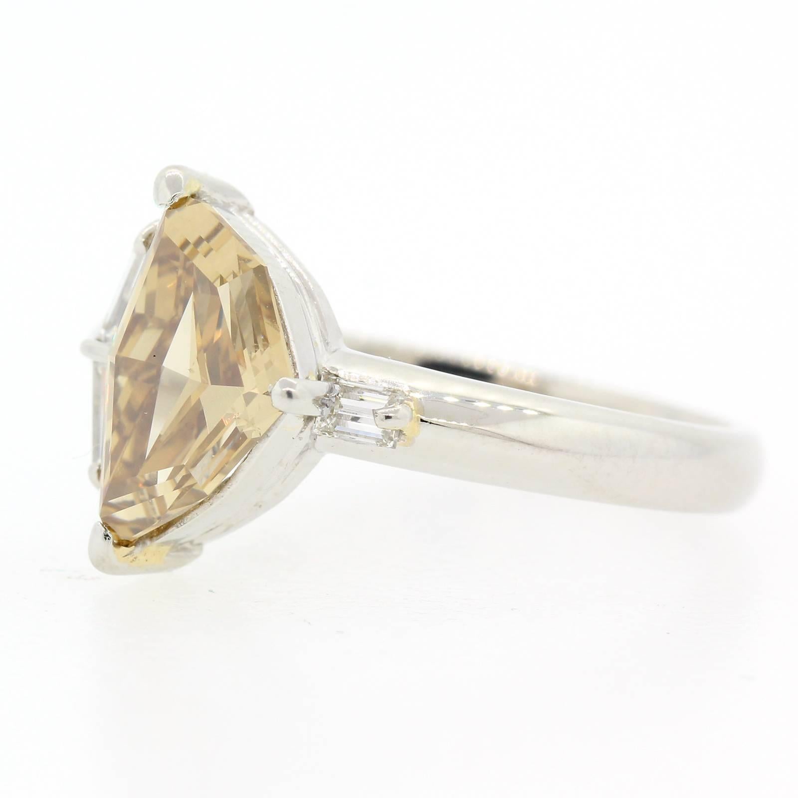 Old Shield Cut Natural Brown Diamond Platinum Ring In Excellent Condition In Beverly Hills, CA