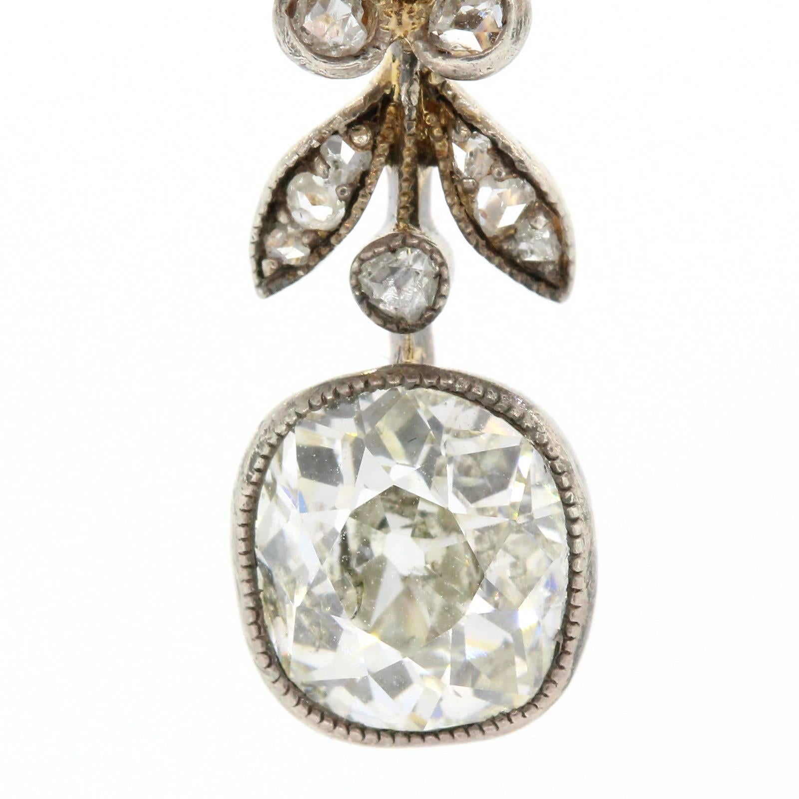 Victorian Antique Cushion Cut Diamond Silver Gold Earrings