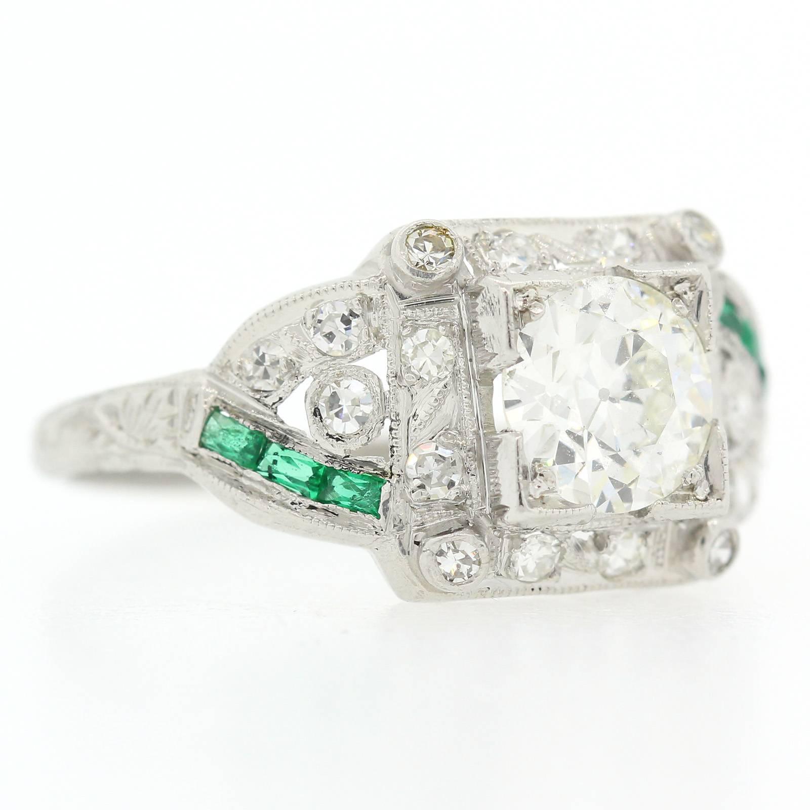 Art Deco Emerald Diamond Platinum Ring For Sale 1