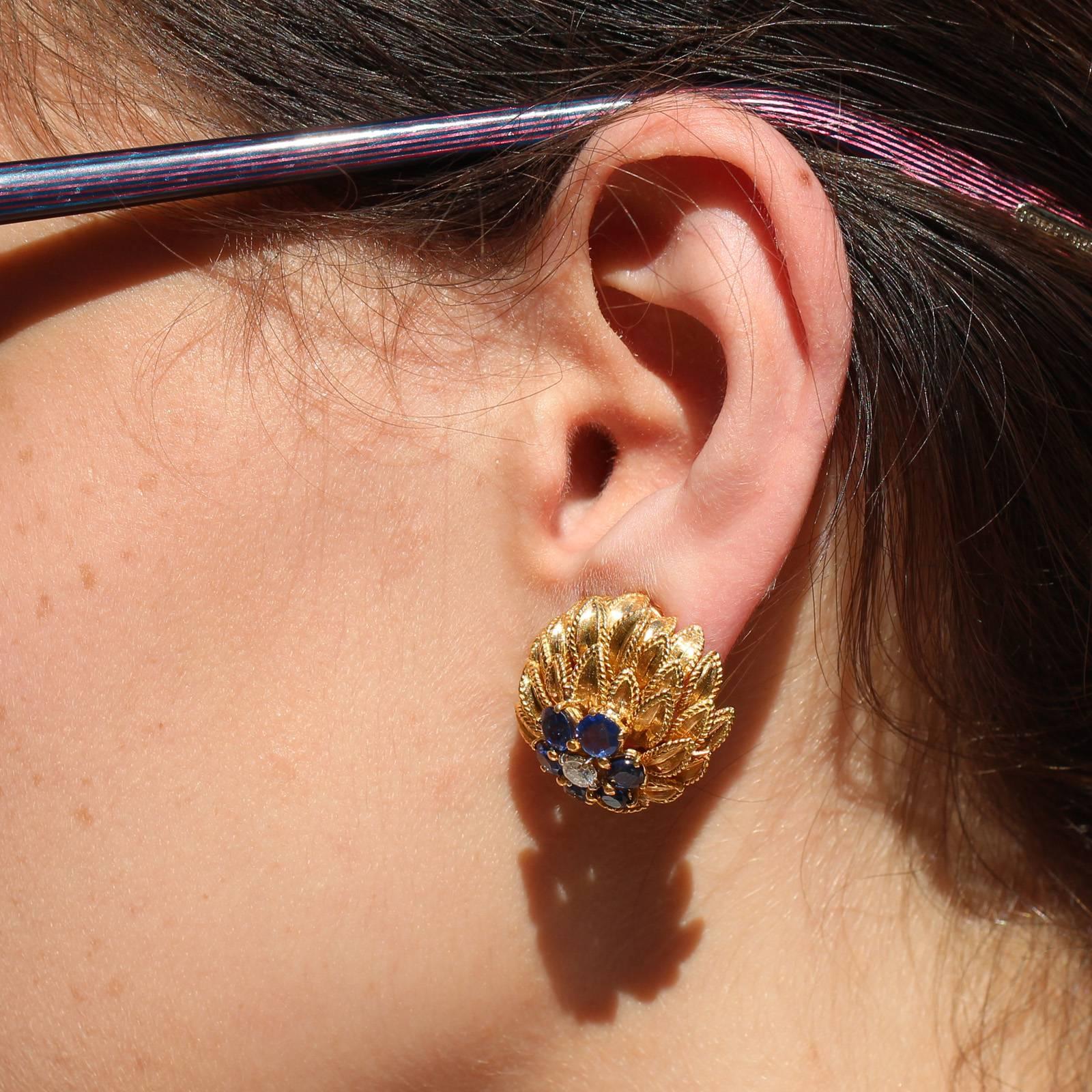 Modern Sapphire Diamond yellow gold leaf cluster Earrings