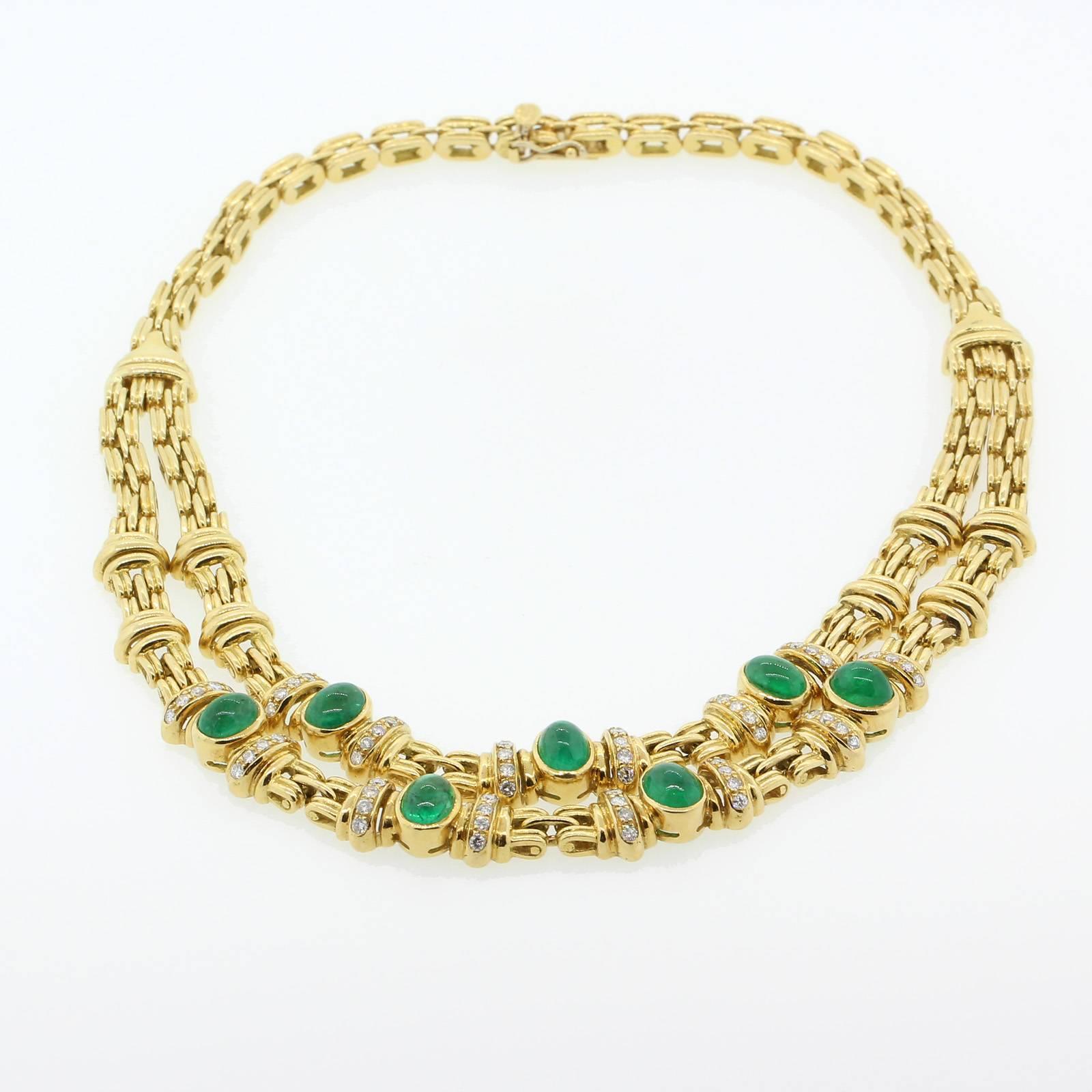 Modern Cabochon Emeralds and Diamond Gold Necklace
