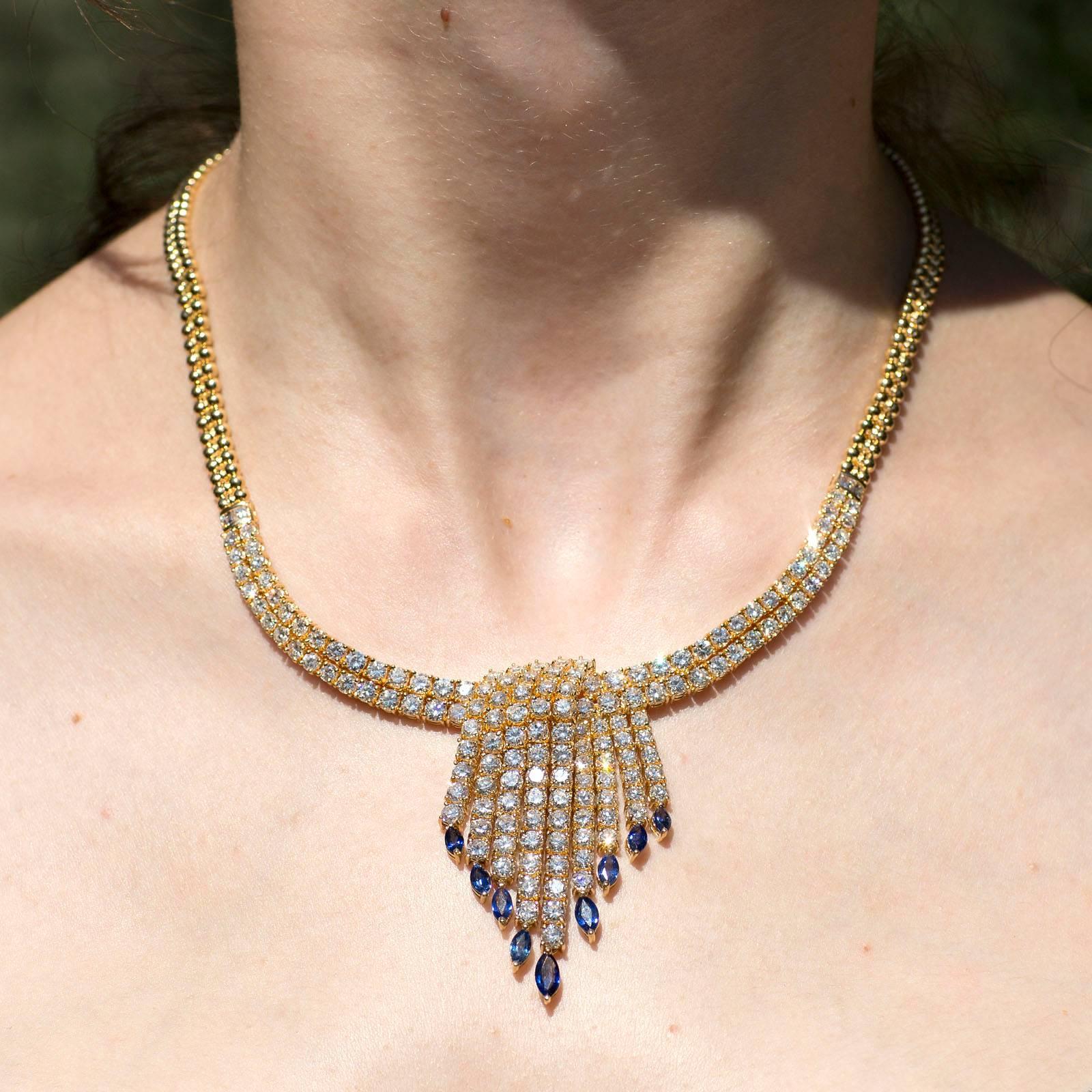 Modern Diamond Sapphires Gold Necklace For Sale
