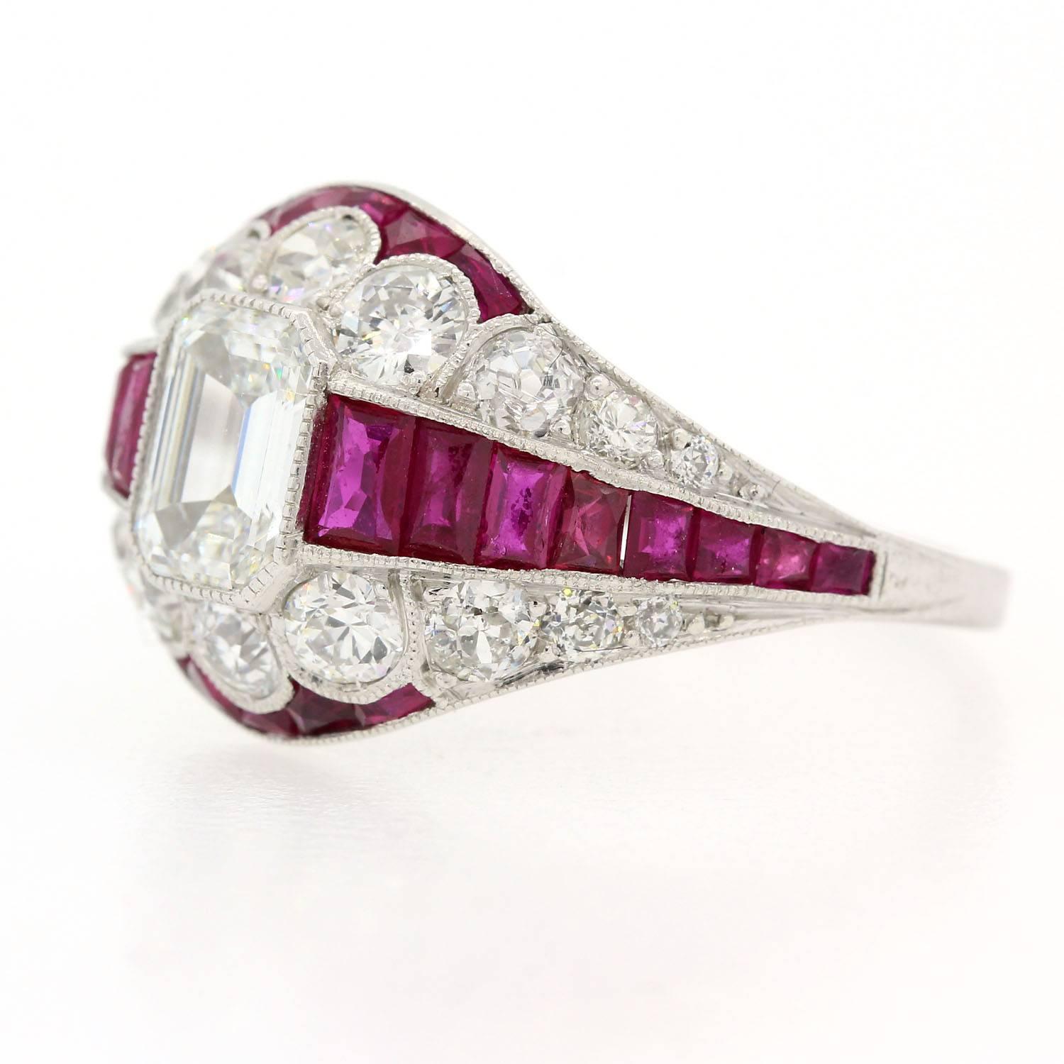 Emerald Cut  Diamond & Ruby Platinum Ring In New Condition In Beverly Hills, CA