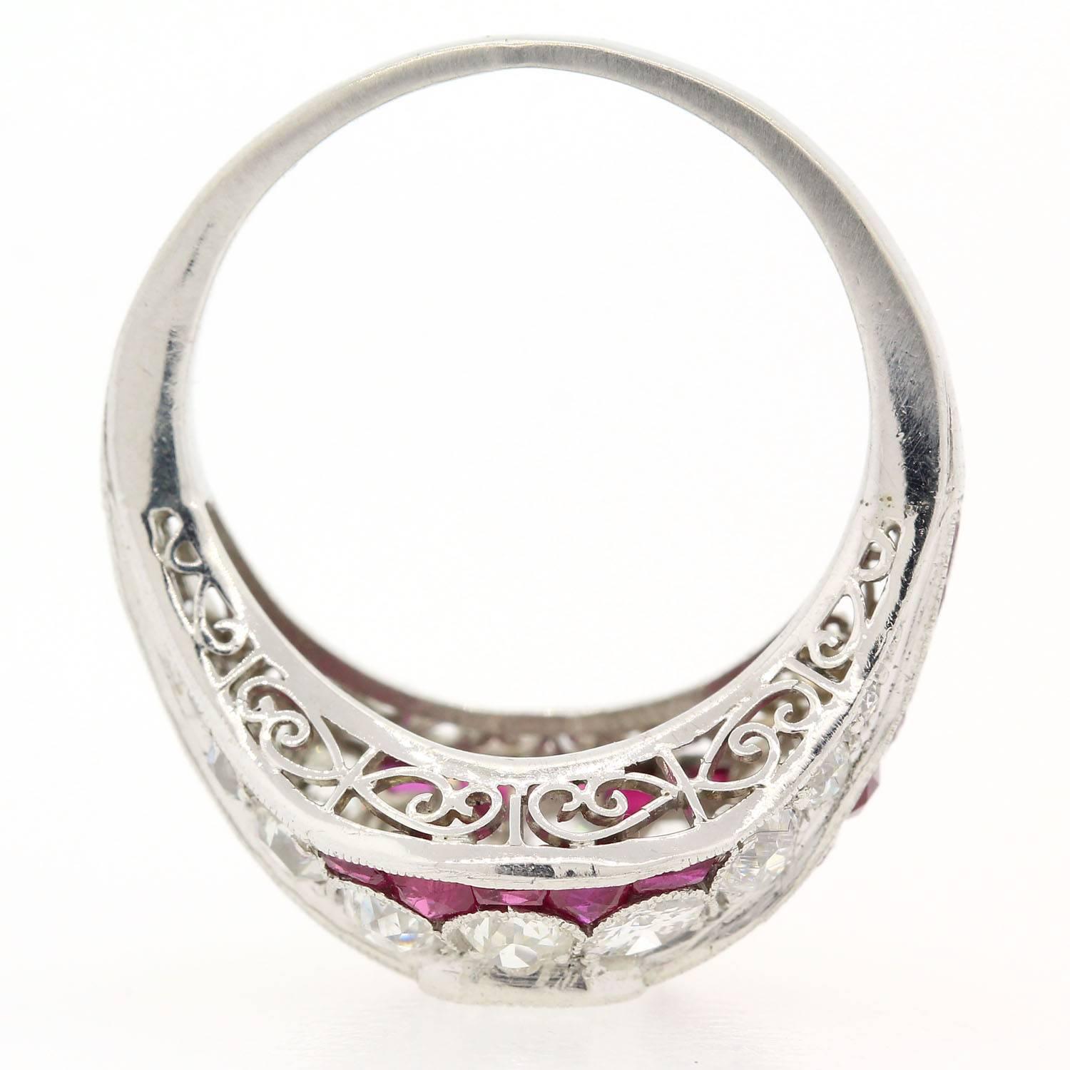 Art Deco Emerald Cut  Diamond & Ruby Platinum Ring