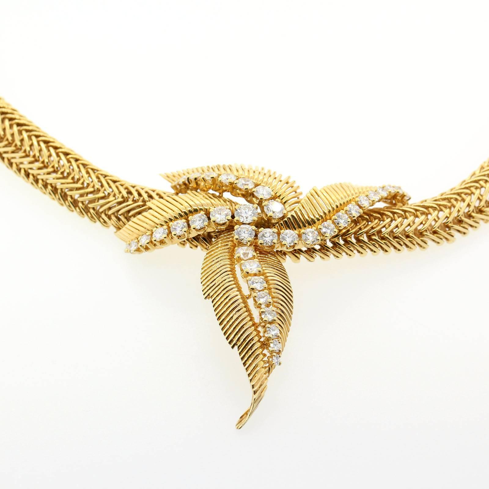 Modern 1960s Mauboussin Paris Diamond Leaves Herringbone Design Gold Necklace