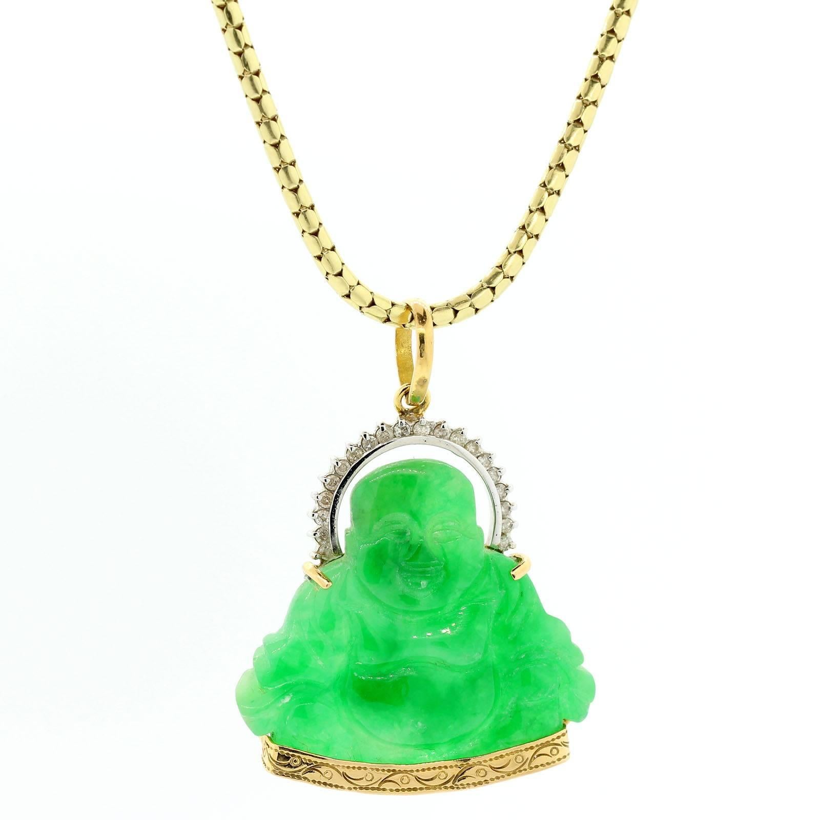 Contemporary Jadeite Diamond Buddha Gold Pendant
