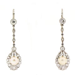 Antique Diamond Pearls Platinum Dangle Earrings