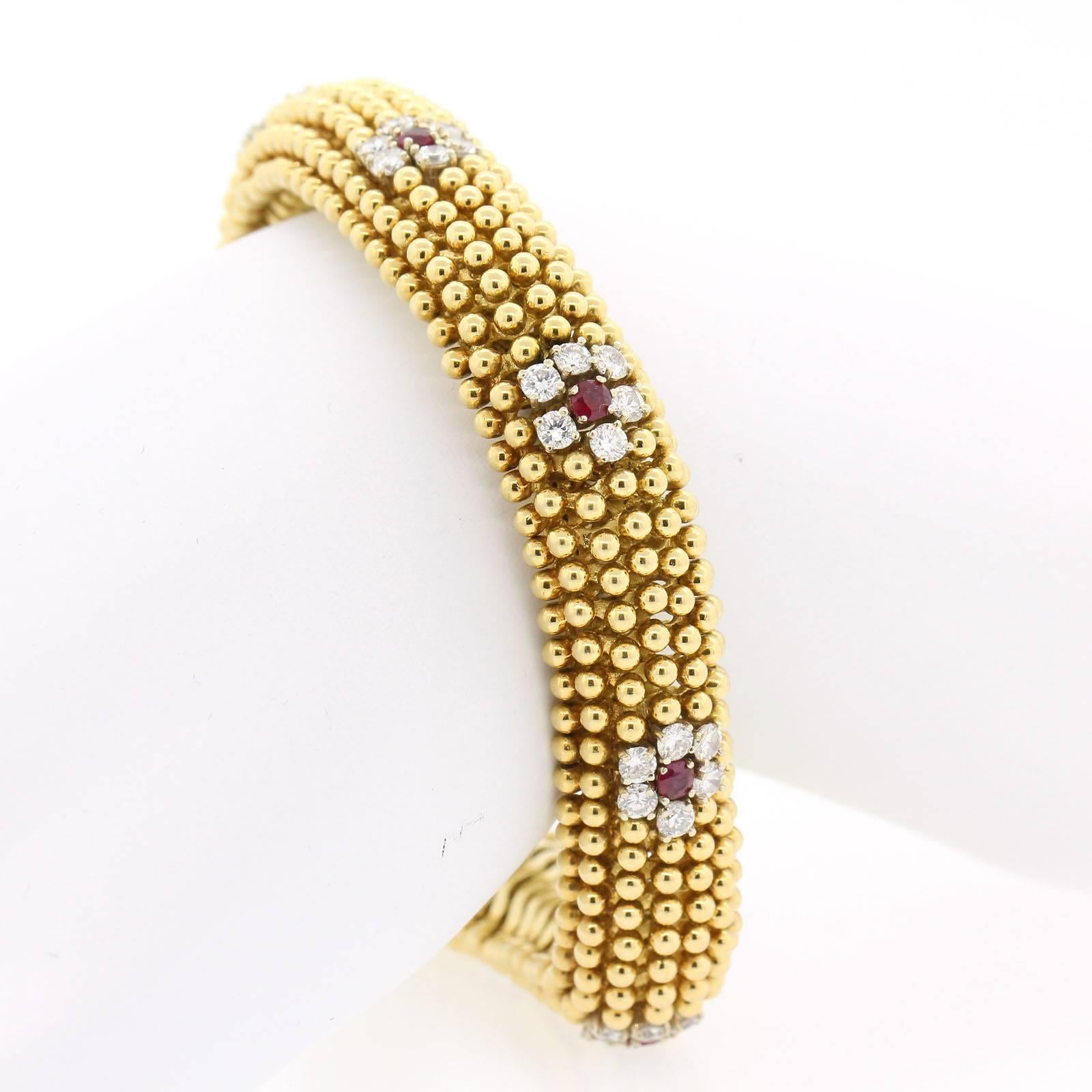 Round Cut Vintage Diamond, Ruby Gold Bracelet