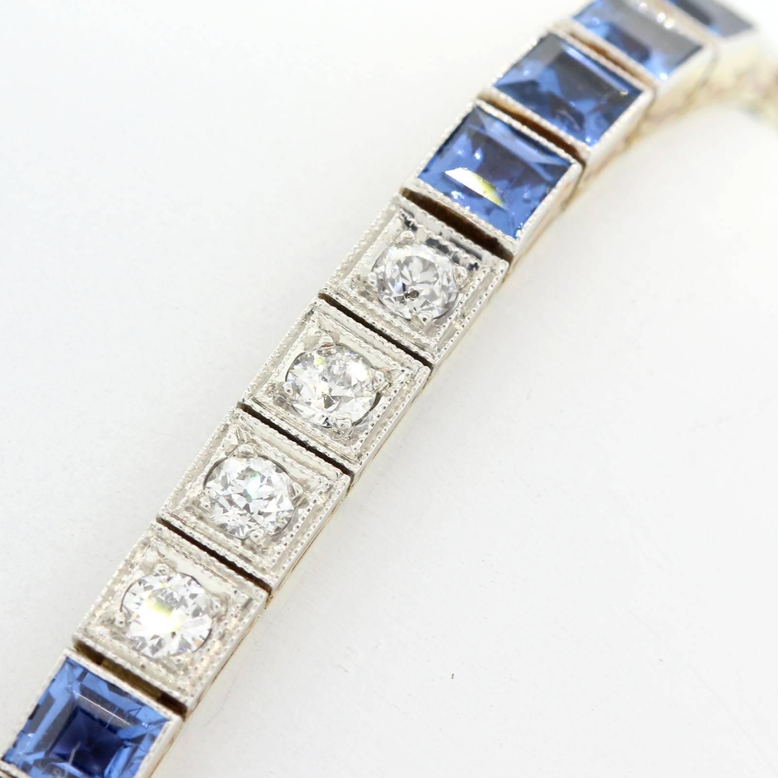 Art Deco Antique Montana Sapphire and Diamond Straight Line Bracelet 
