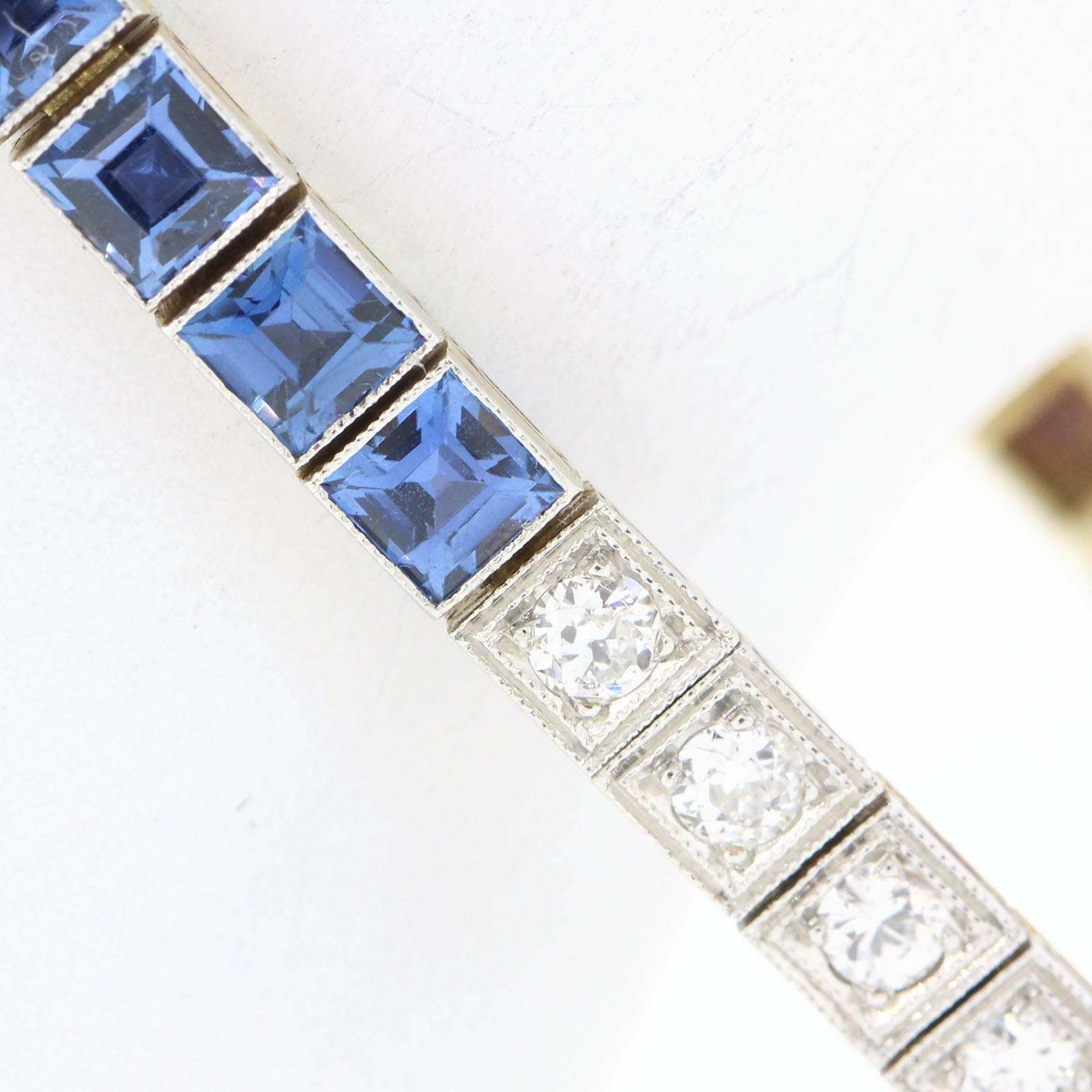 Old European Cut Antique Montana Sapphire and Diamond Straight Line Bracelet 
