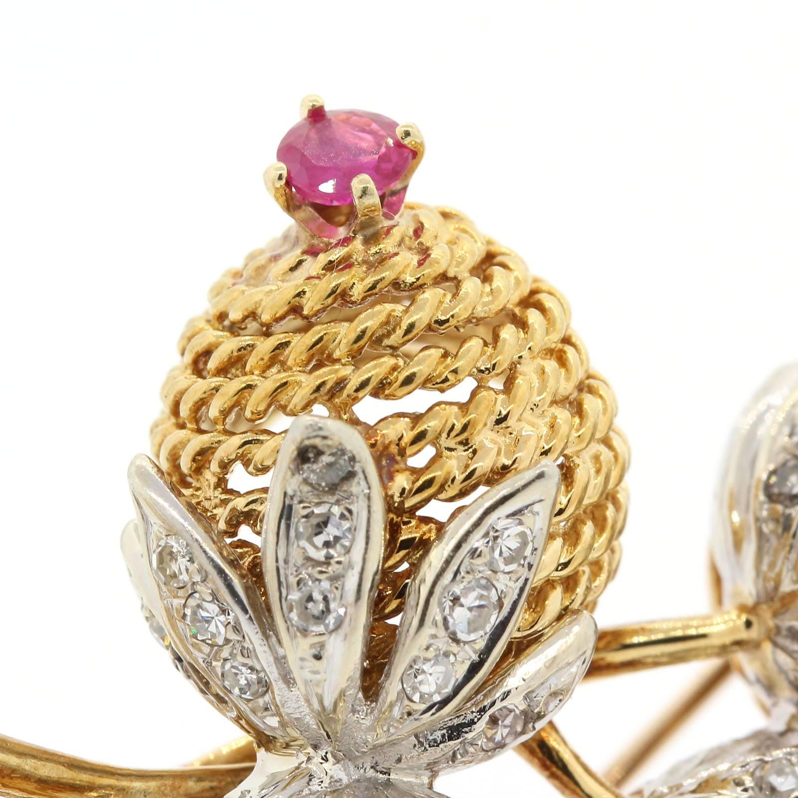 Modern Cartier Diamond Ruby Gold Brooch