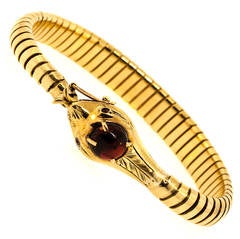 18KT Yellow Gold 1940s Garnet Snake Bracelet