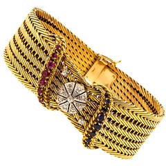 French Ruby Sapphire Diamond Gold Mesh Bracelet