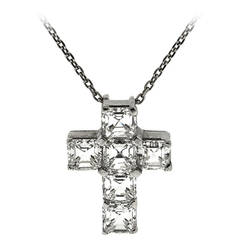 David Morris Emerald Cut Diamond Platinum Cross Pendant