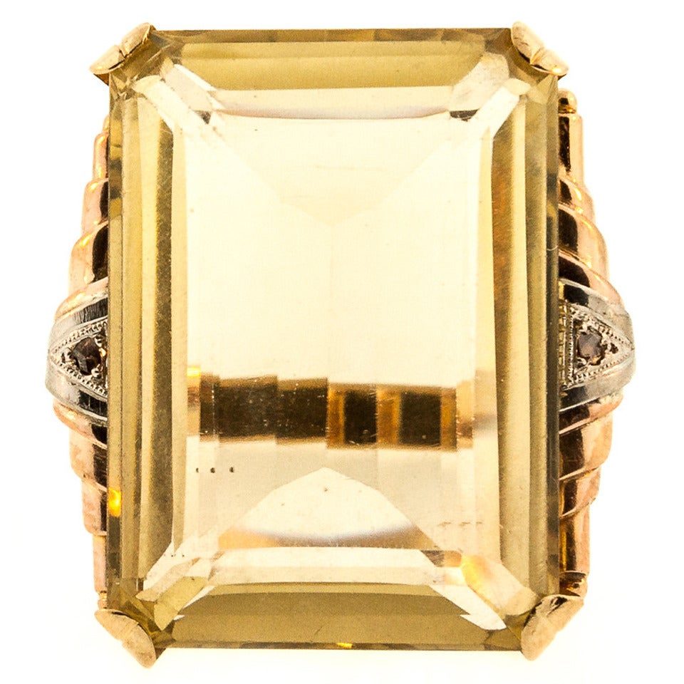 Retro Emerald Cut Citrine Quartz Gold Ring