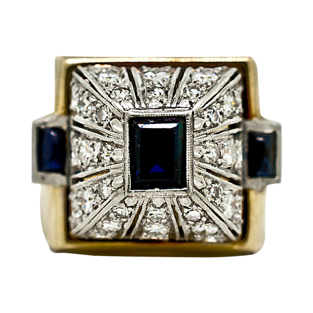 Retro Sapphire Diamond Gold Platinum Cocktail Ring