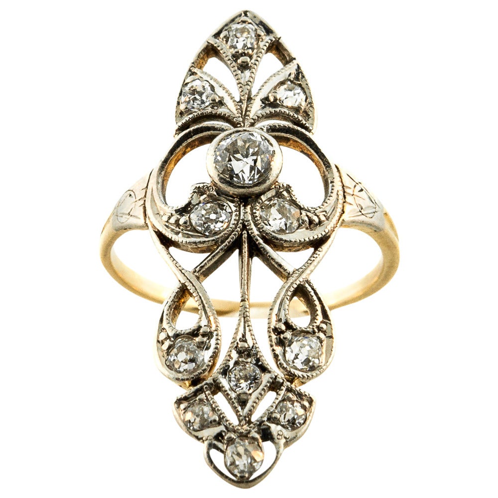 North South Filigree Diamond Gold Platinum Cocktail Ring