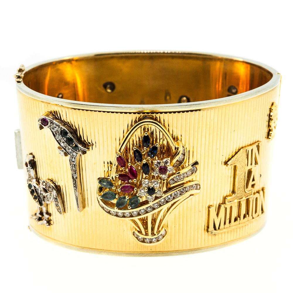 Retro 1950s Diamond Gold Platinum Applique Charm Cuff Bracelet
