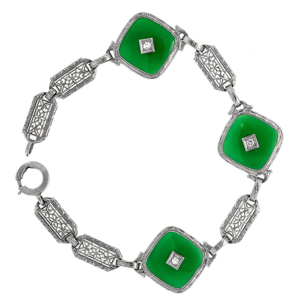 Antique Chrysoprase Diamond Gold Filigree Link Bracelet In Excellent Condition In Beverly Hills, CA