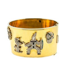 Vintage 1950s Diamond Gold Platinum Applique Charm Cuff Bracelet