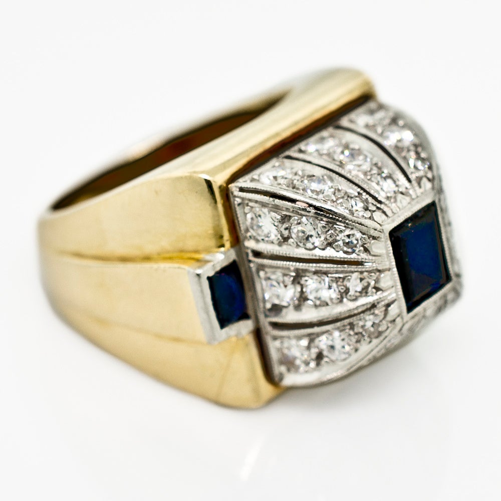 Women's Retro Sapphire Diamond Gold Platinum Cocktail Ring