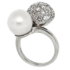 South Sea White Pearl Diamond Pave Platinum Bypass Ring