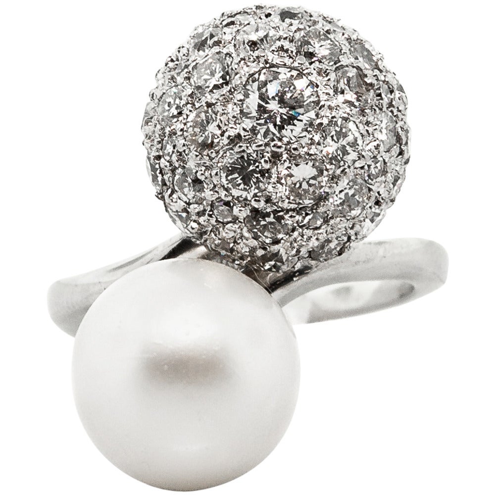 South Sea White Pearl Diamond Pave Platinum Bypass Ring