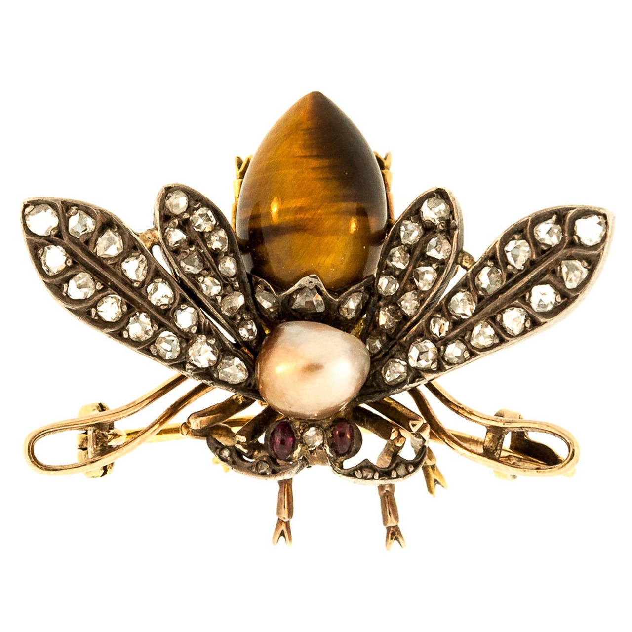 French Antique Tiger Eye Natural Pearl Diamond Gold Fly Brooch For Sale