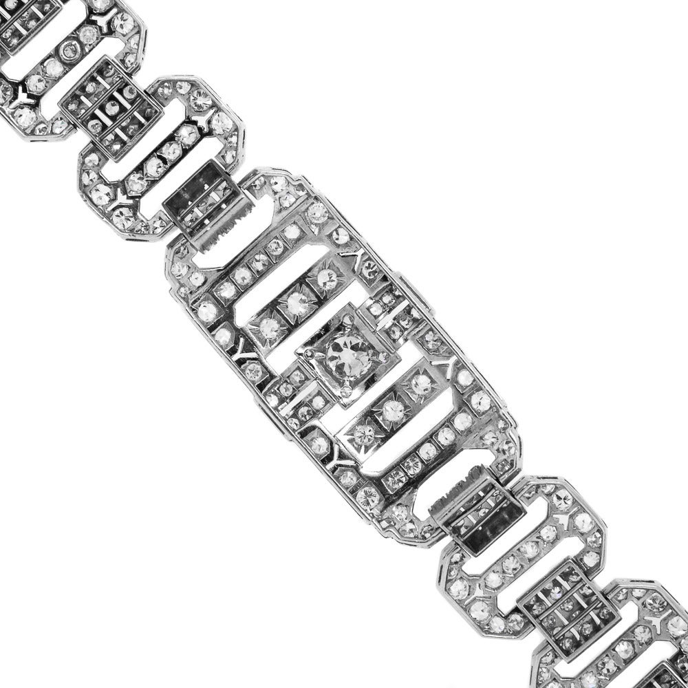 Women's 1940s Large Old Cut Diamond Platinum Link Bracelet