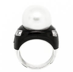 Contemporary Enamel Pearl Diamond Gold Cocktail Ring