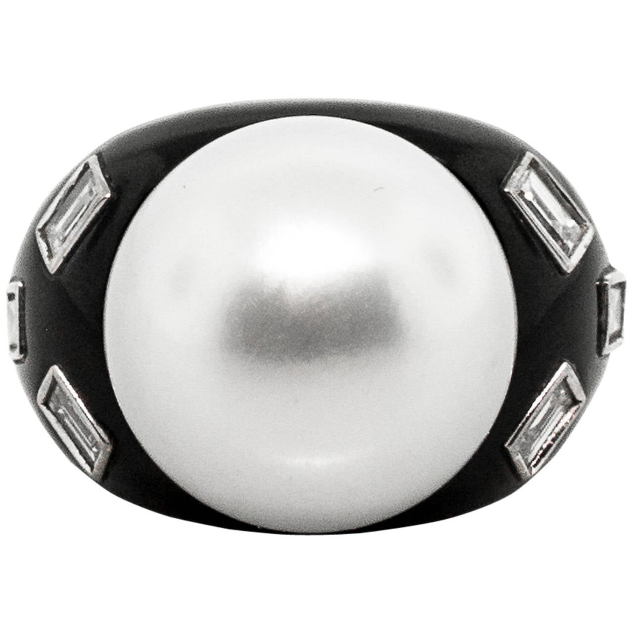 Contemporary Enamel Pearl Diamond Gold Cocktail Ring For Sale