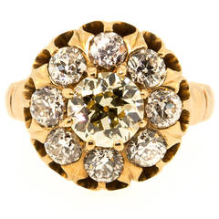 Antique Light Yellow Old European Cut Diamond Gold Cluster Ring