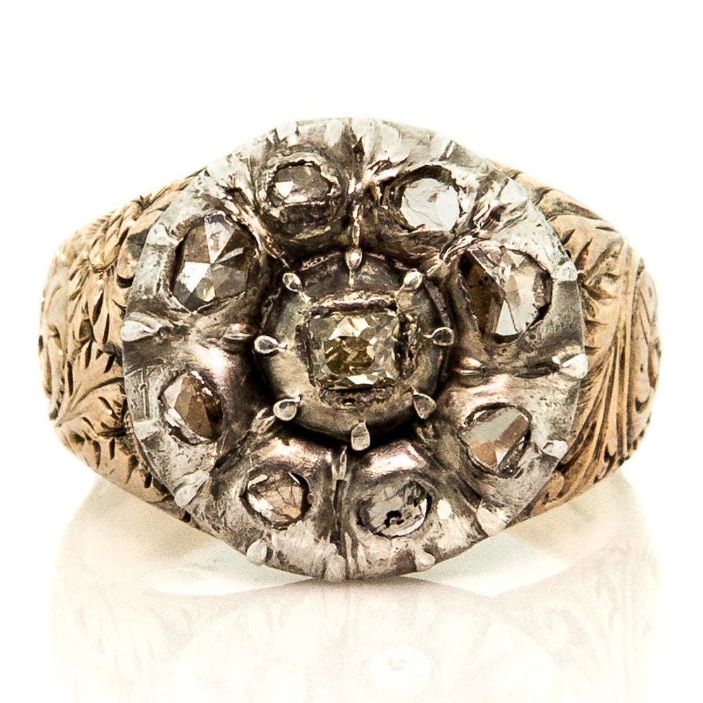 Early 1800s Georgian Rose Cut Diamond Silver Engraved Gold Cluster Ring In Excellent Condition In Beverly Hills, CA