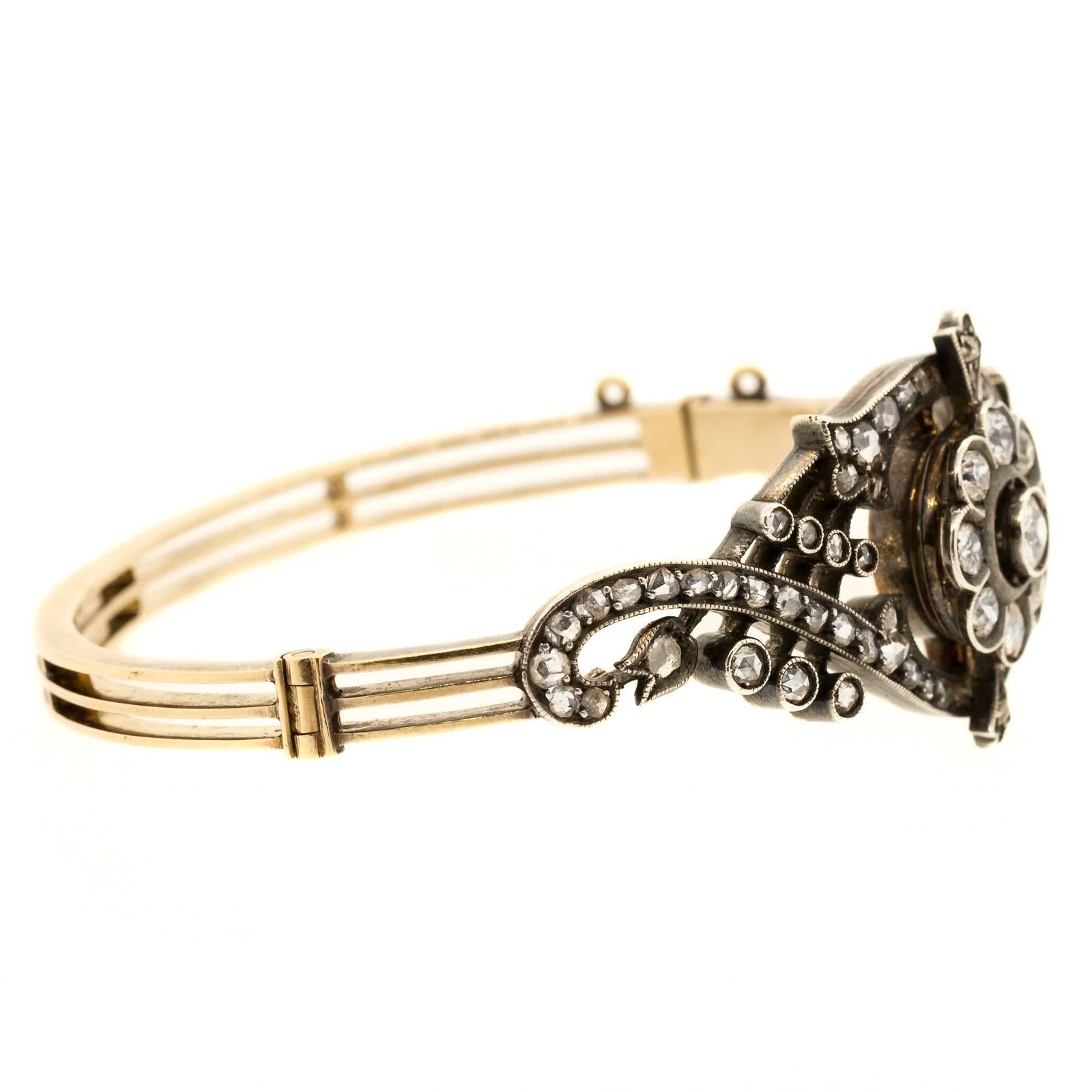 1870s Victorian Old Cut Diamond Silver Gold Clamper Bracelet In Excellent Condition In Beverly Hills, CA