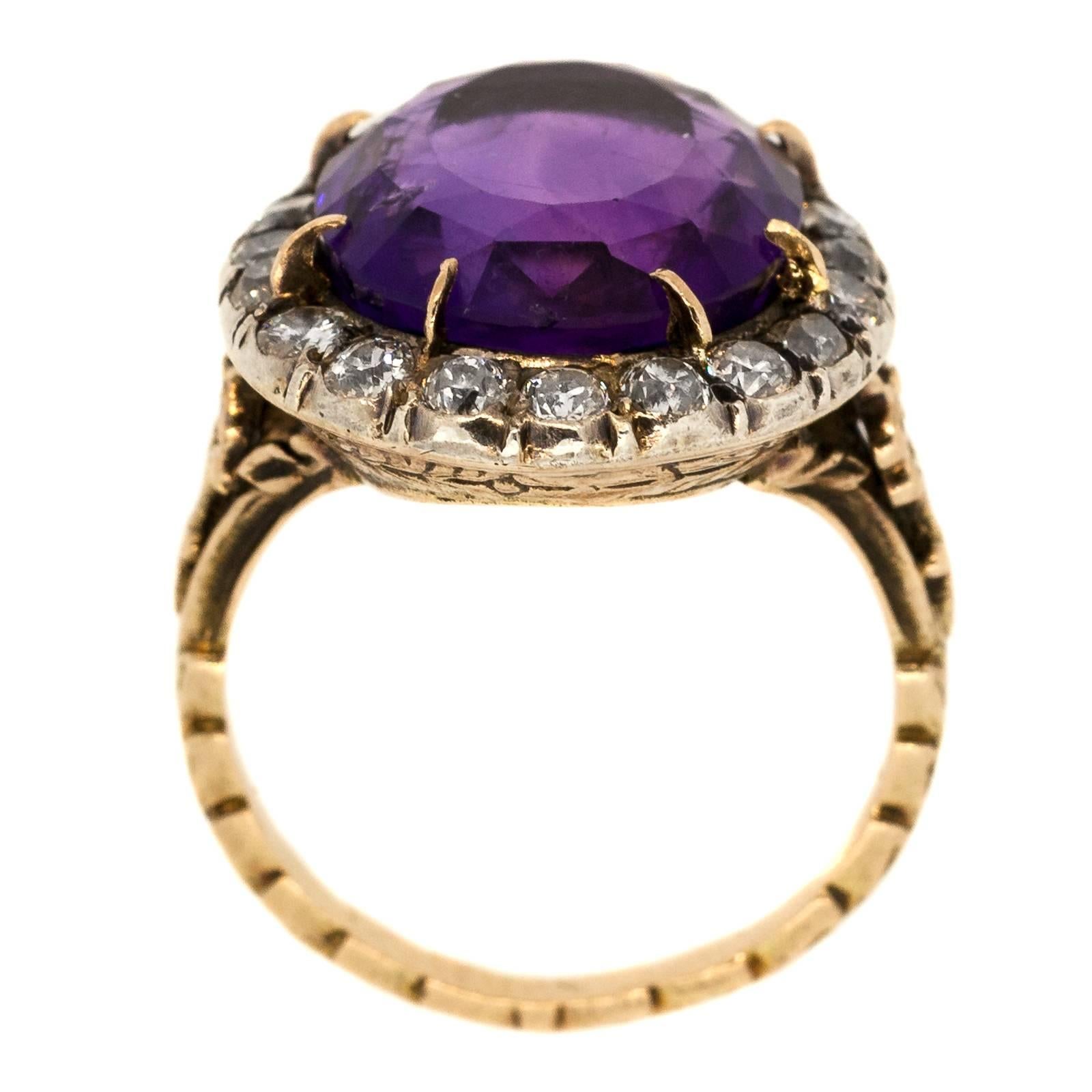 Pristine & Beautiful Amethyst & Old Cut Diamonds Silver & Gold Ring.   Feel Like A Queen!

This 1930’s silver topped and 14KT yellow gold features an oval,  deep cut Russian Amethyst surrounded by nineteen Old European Cut Diamond weighing 1.60