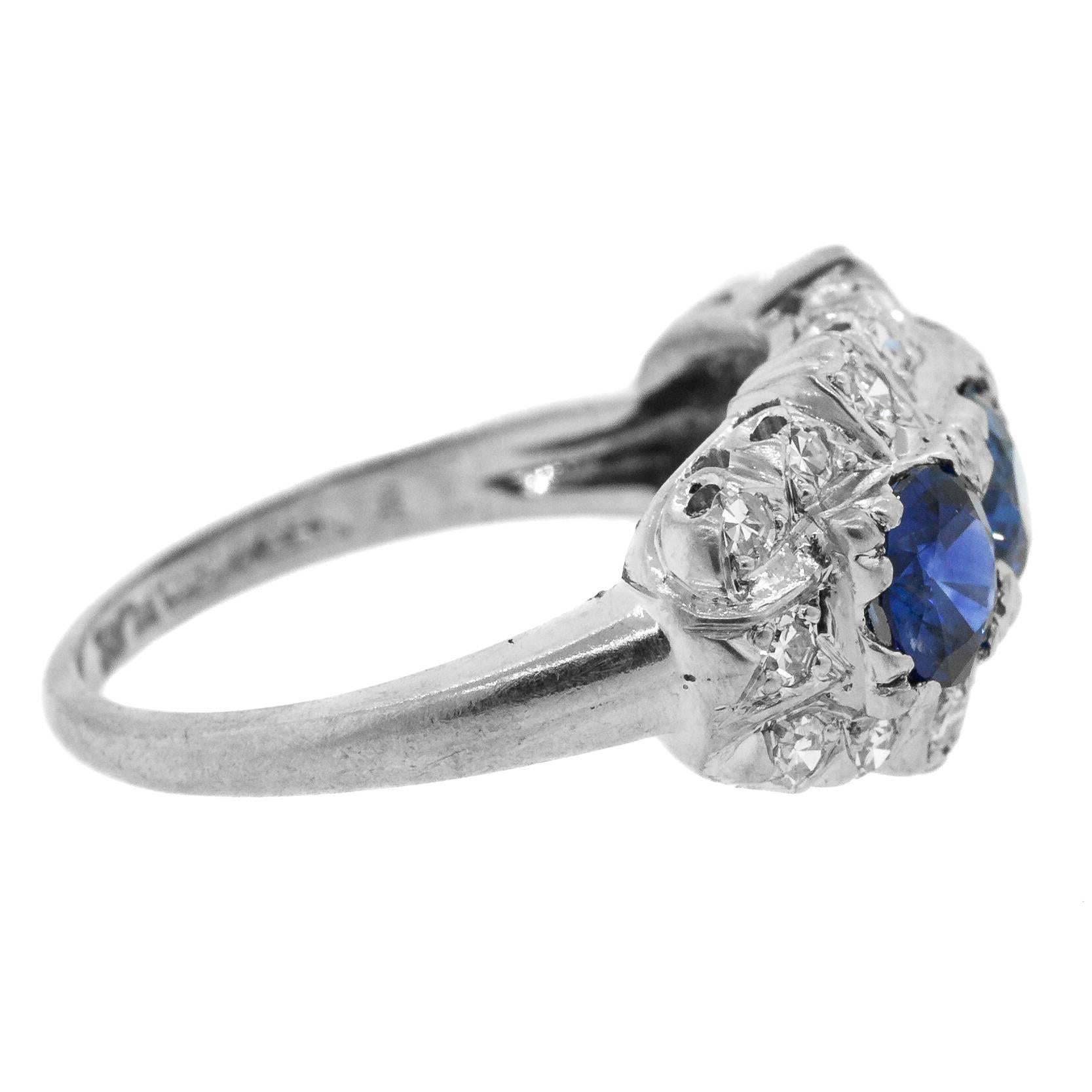 Retro 1940's Vintage Three Stone Sapphire & Diamond Ring