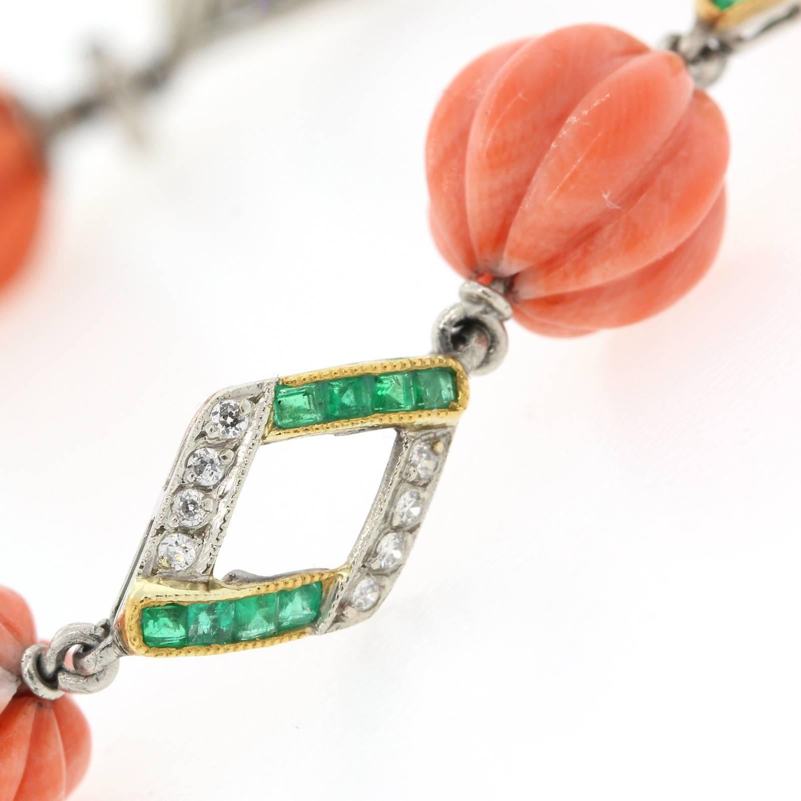 Women's Art Deco Coral Emerald Diamond Platinum Bracelet
