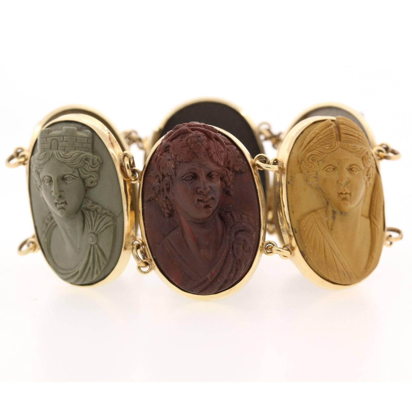 Women's or Men's 1880s Lava and Gold Classic Roman Bust Bracelet  