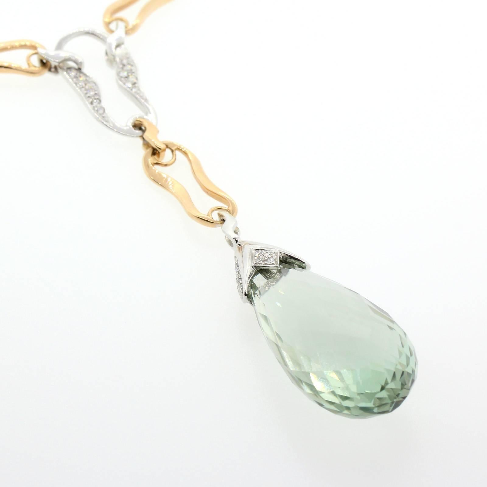 Italian Green Briolette Quartz Gold Necklace In New Condition In Beverly Hills, CA