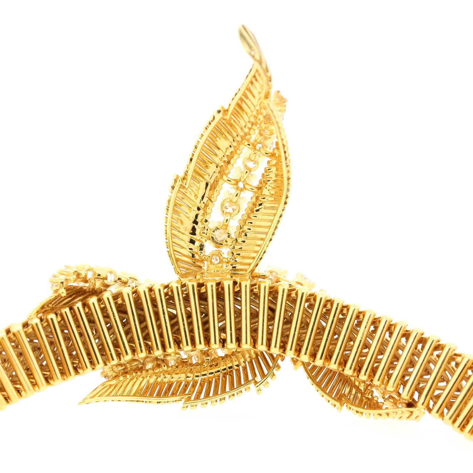 Women's 1960s Mauboussin Paris Diamond Leaves Herringbone Design Gold Necklace