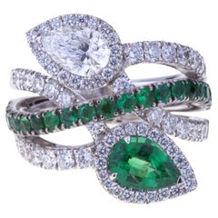 Contrarié Ring Diamond and Emerald Drop Cut and pave triple cirlce.