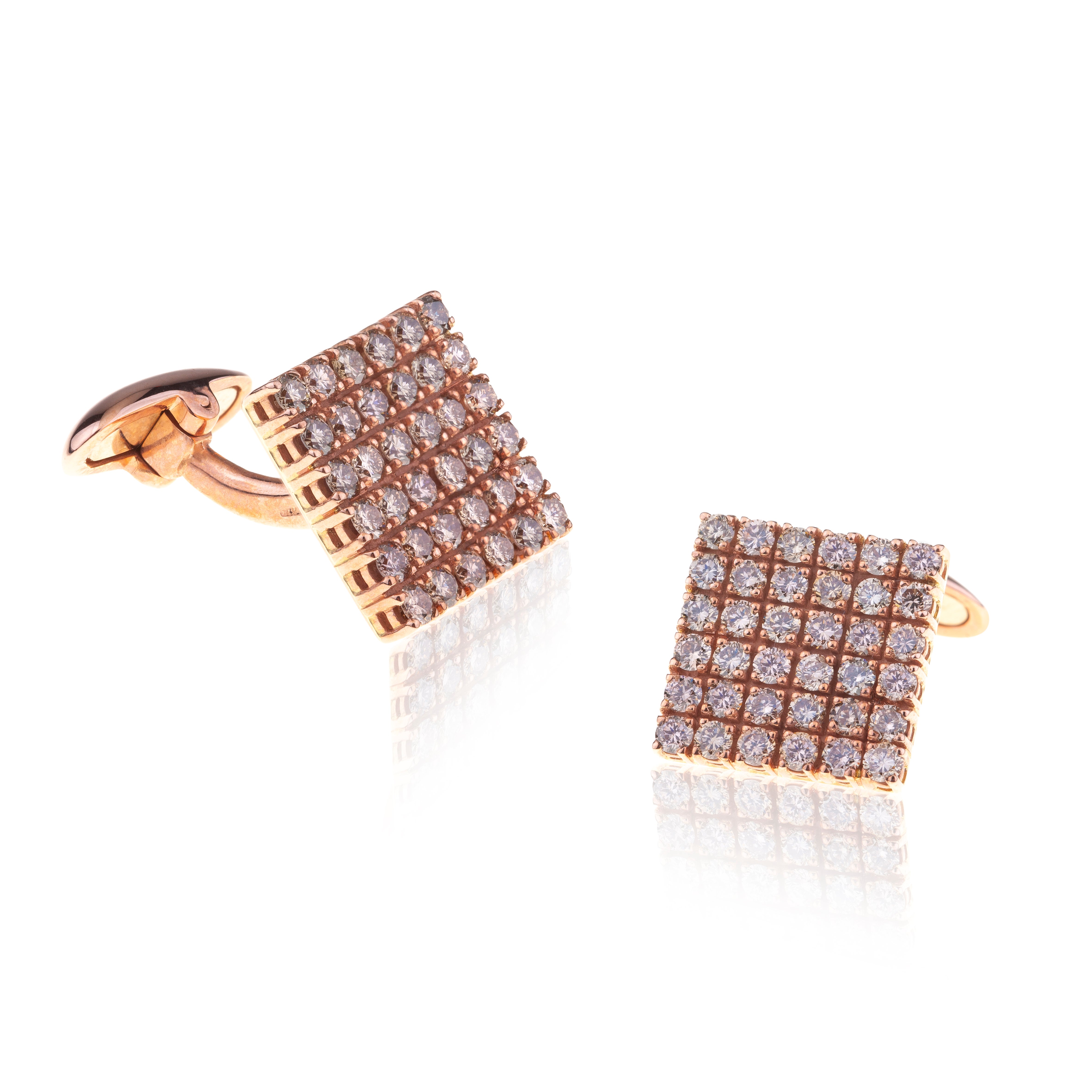 Cufflinks for Men Rose Gold Squared with 36 Diamonds Each For Sale