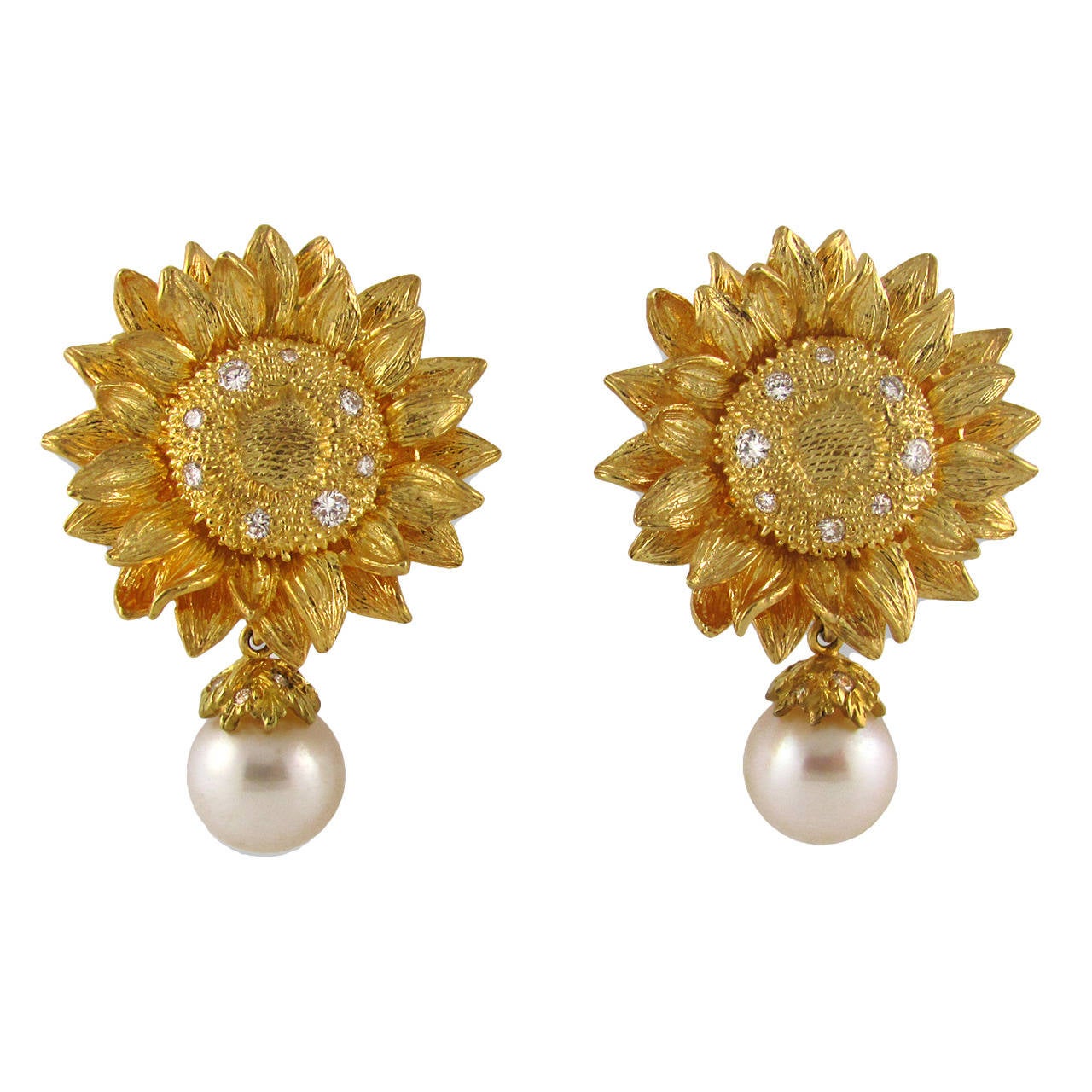 Asprey Pearl Diamond Gold Sunflower Earrings