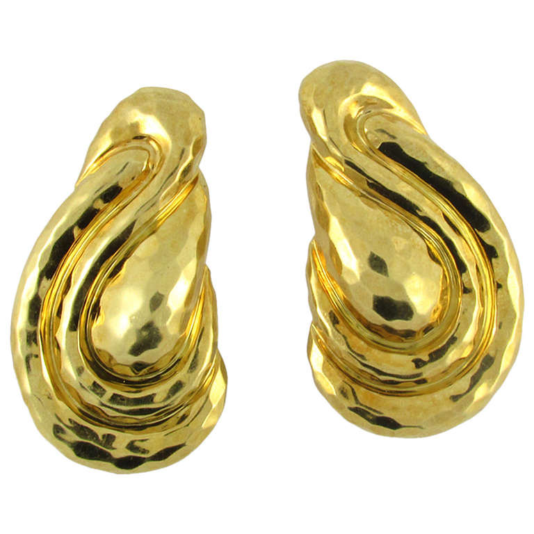 Henry Dunay Large Hammered Yellow Gold Earrings