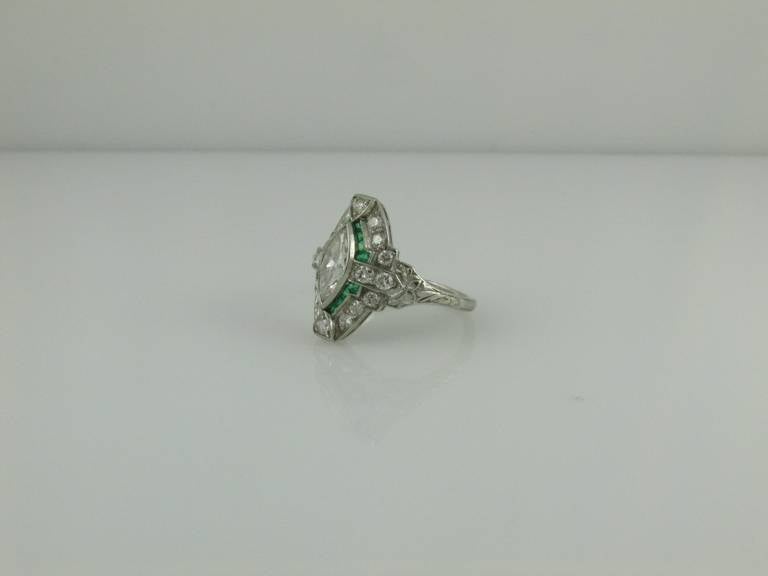 Art Deco Emerald Diamond Platinum Ring In Excellent Condition For Sale In San Francisco, CA