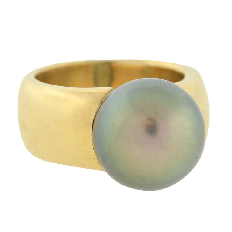 Contemporary 12mm Tahitian Pearl Gold Band Ring For Sale