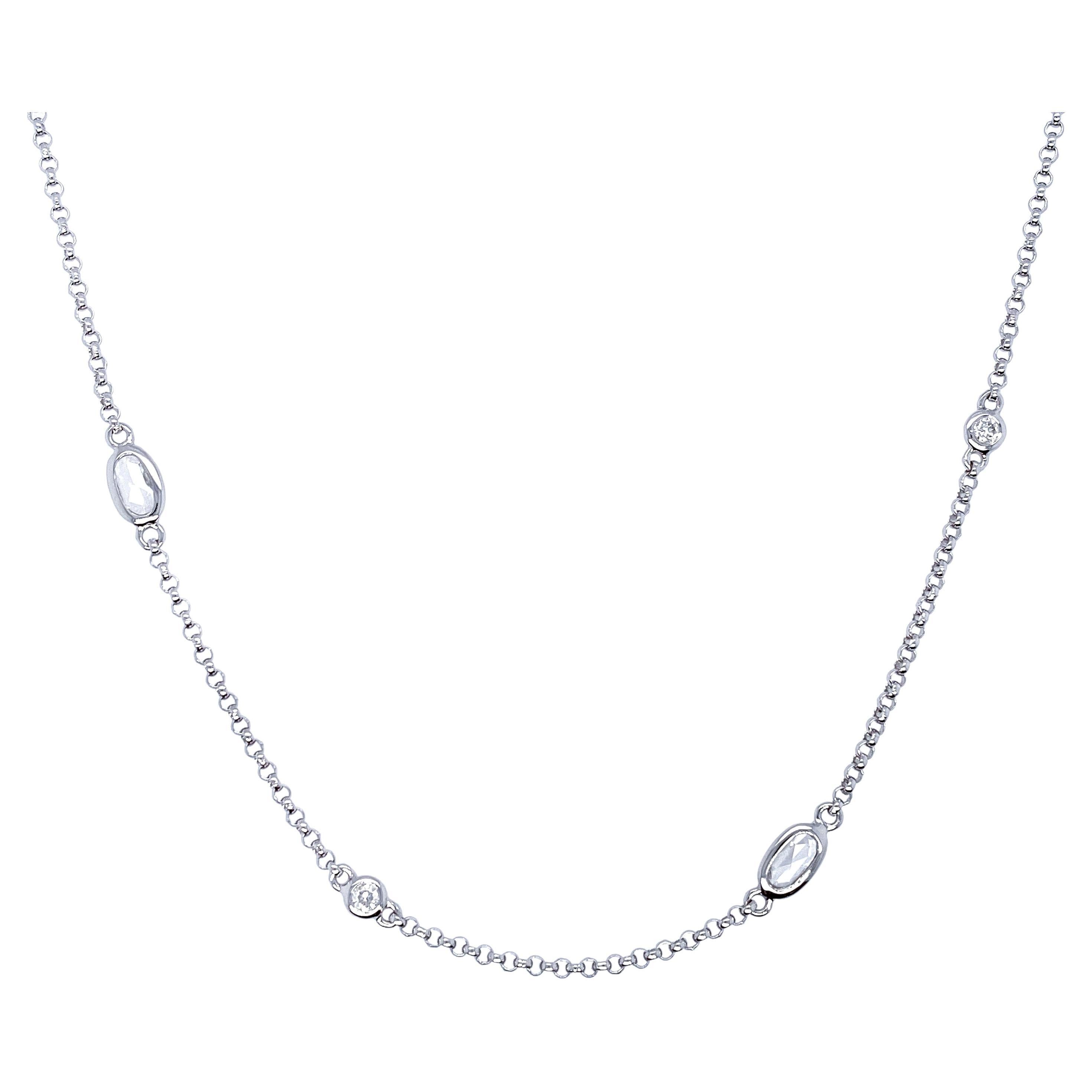 Rose and Round Cut Diamond Classic Chain Necklace in 18 Karat White Gold For Sale