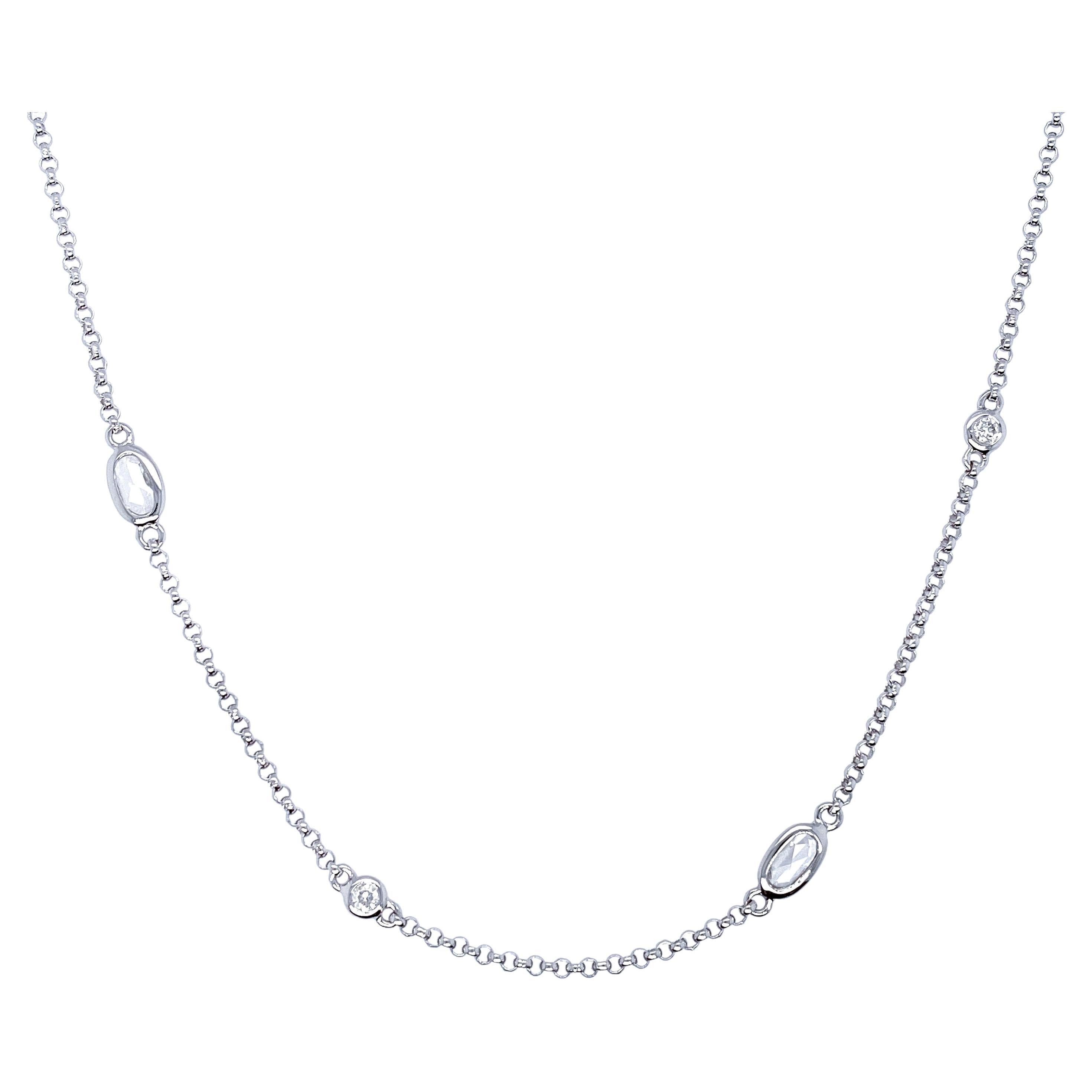 Klassische Halskette aus 18 Karat Weißgold mit Rosen- und Rundschliff-Diamanten im Angebot