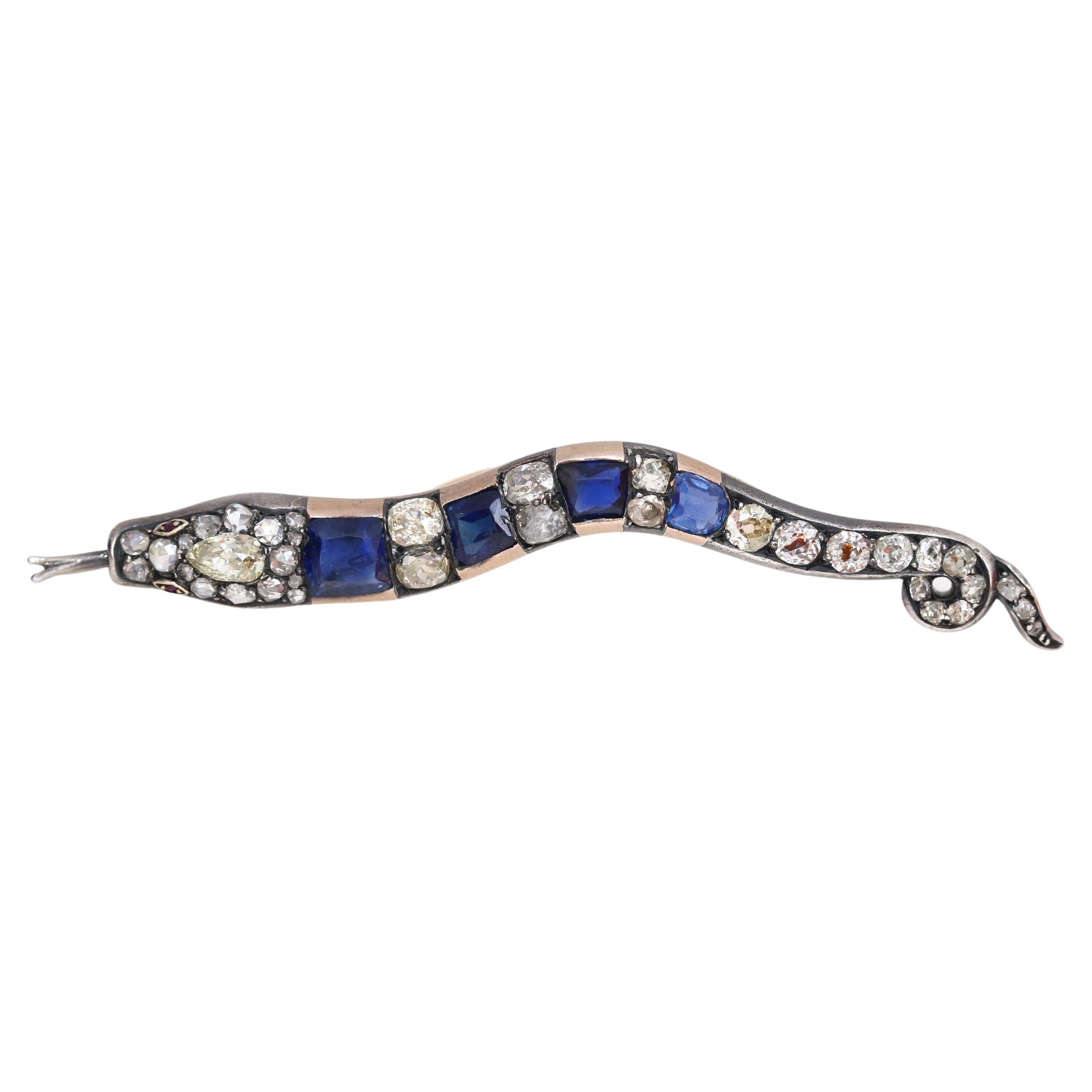 Victorian Snake Sapphire 3.5 Carat Diamonds 3.2 Carat Pendant Pin Brooch, 1890 For Sale